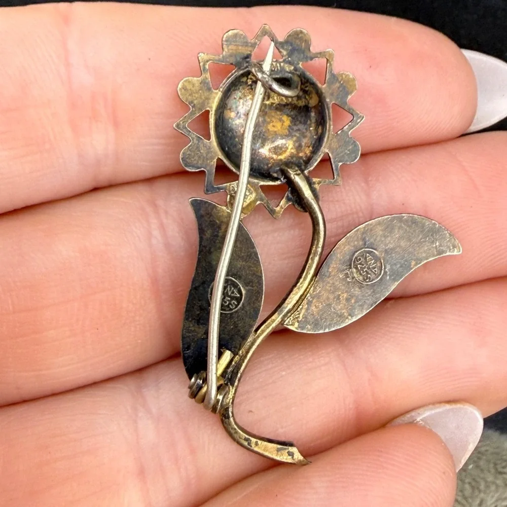 Vintage Sterling Silver Enamel Flower‎ Brooch Sunflower Spring Signed ANA